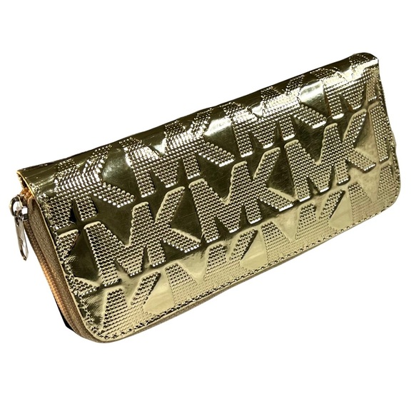 Michael Kors Rare Wallet Metallic Gold Trifold Iconic MK Logo Clutch - Picture 1 of 17